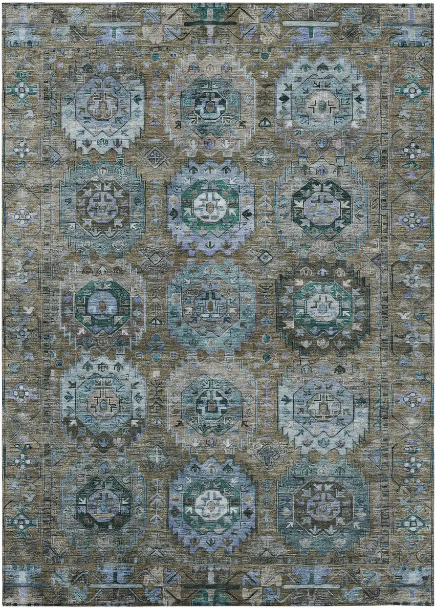 Brown Gray And Teal Blue Medallion Washable Indoor Outdoor Area Rug Photo 1