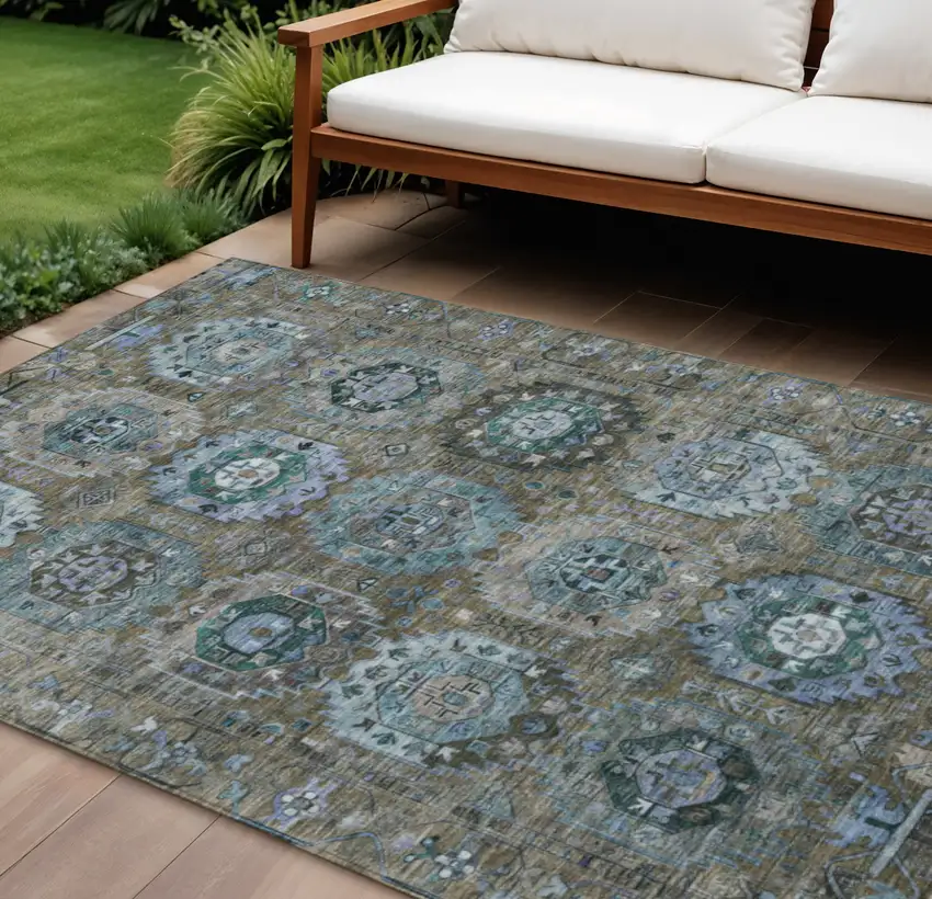 Brown Gray And Teal Blue Medallion Washable Indoor Outdoor Area Rug Photo 2
