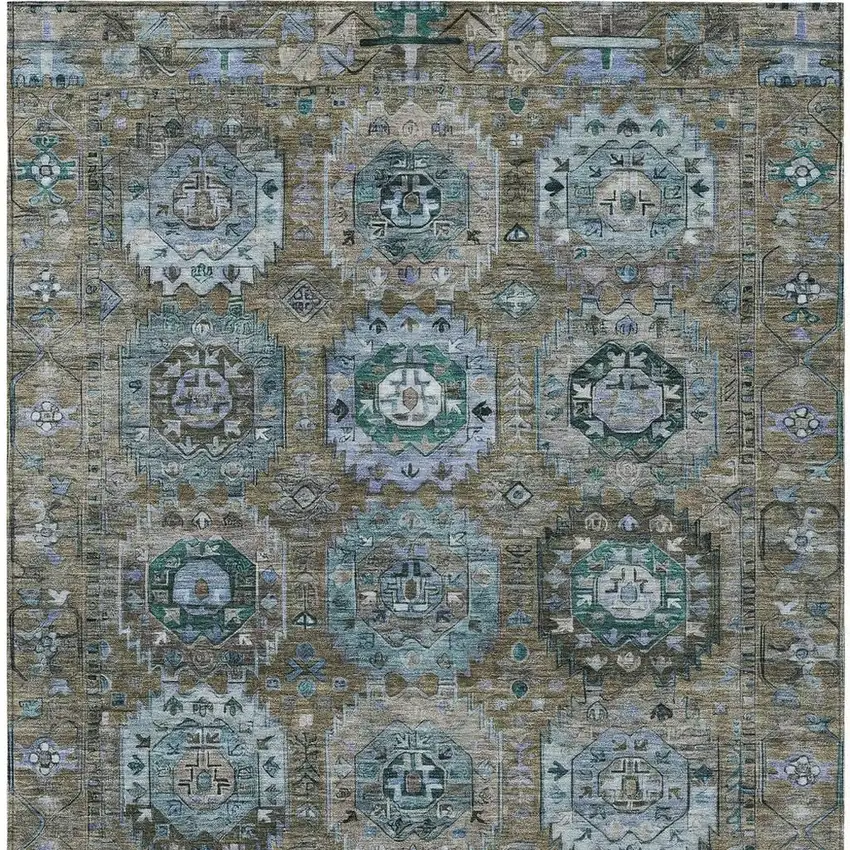 Brown Gray And Teal Blue Medallion Washable Indoor Outdoor Area Rug Photo 4