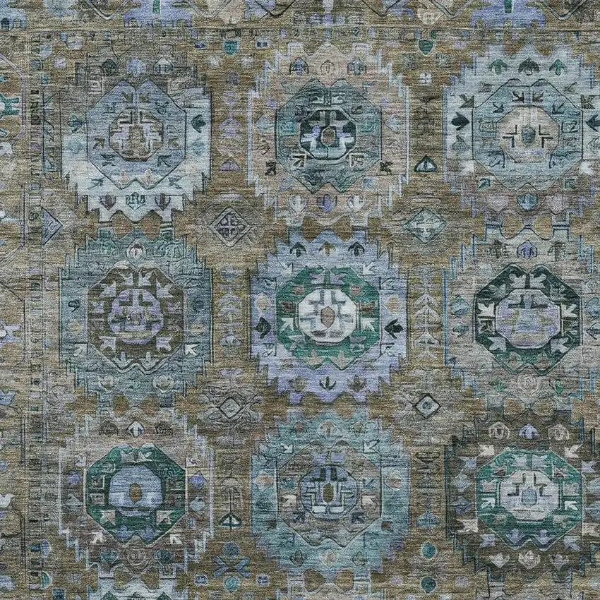 Brown Gray And Teal Blue Medallion Washable Indoor Outdoor Area Rug Photo 3