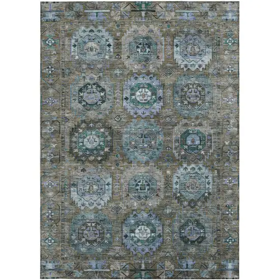 Brown Gray And Teal Blue Medallion Washable Indoor Outdoor Area Rug Photo 3