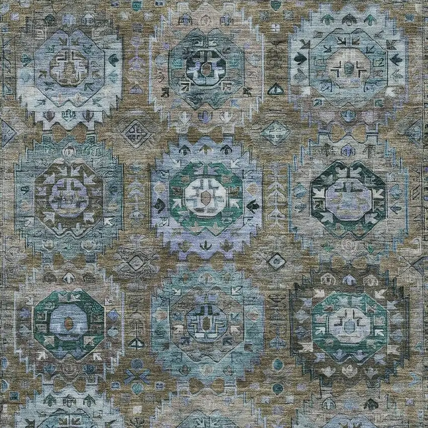 Brown Gray And Teal Blue Medallion Washable Indoor Outdoor Area Rug Photo 4