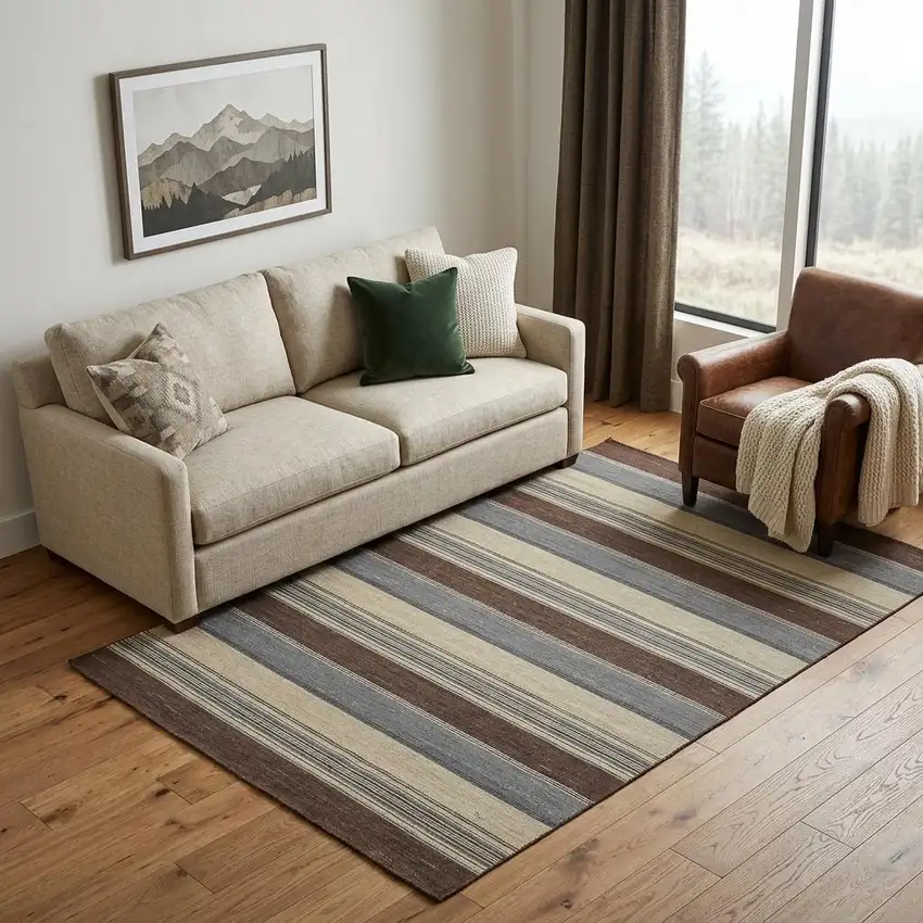 Brown Gray And Yellow Wool Striped Hand Knotted Area Rug Photo 1