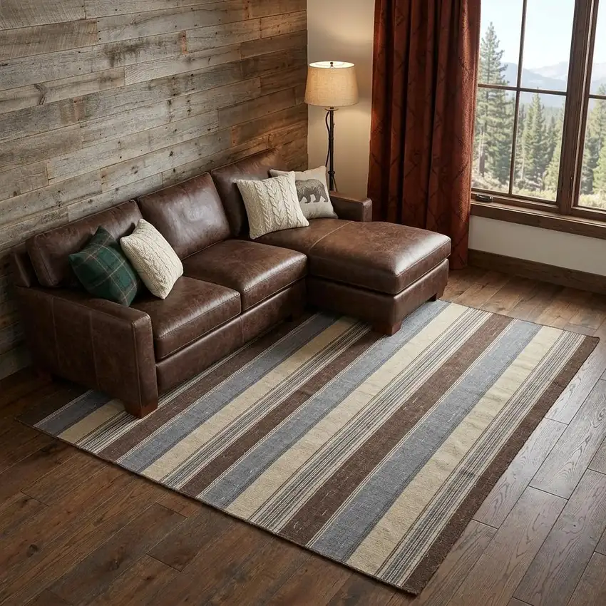 Brown Gray And Yellow Wool Striped Hand Knotted Area Rug Photo 1