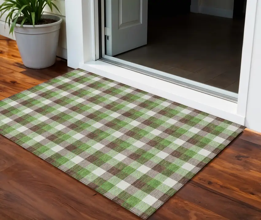 Brown Green And Beige Plaid Washable Indoor Outdoor Area Rug Photo 1