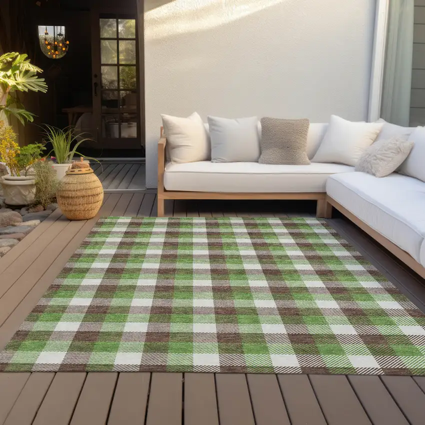 Brown Green And Beige Plaid Washable Indoor Outdoor Area Rug Photo 9