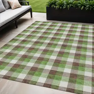 Photo of Brown Green And Beige Plaid Washable Indoor Outdoor Area Rug