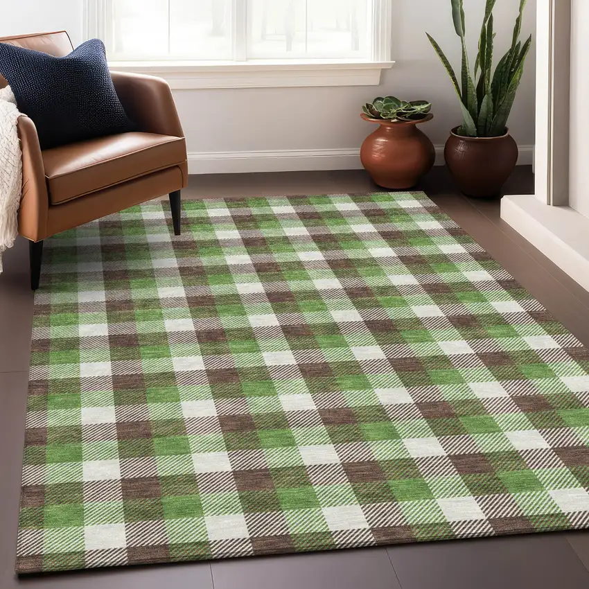 Brown Green And Beige Plaid Washable Indoor Outdoor Area Rug Photo 7