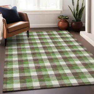 Photo of Brown Green And Beige Plaid Washable Indoor Outdoor Area Rug
