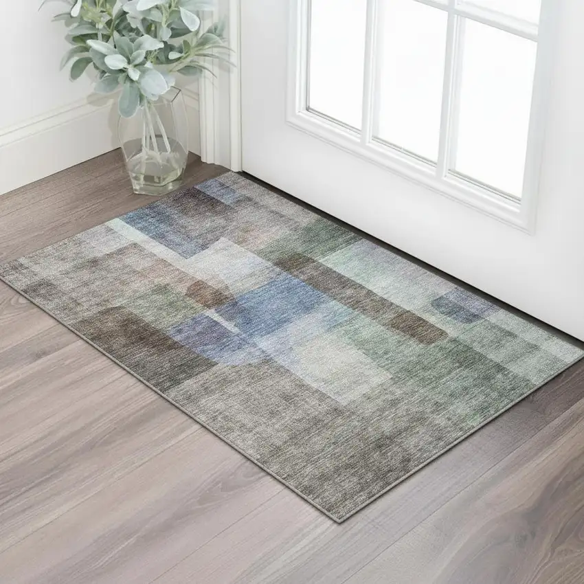 Brown Green And Blue Abstract Washable Area Rug With UV Protection Photo 2