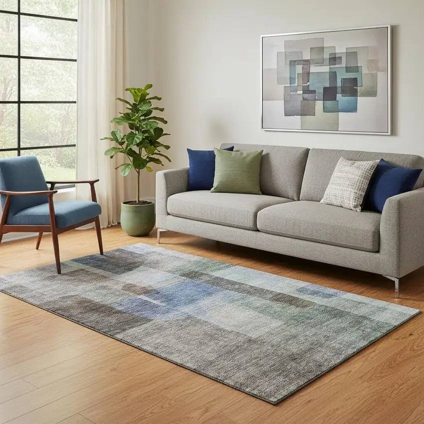 Brown Green And Blue Abstract Washable Area Rug With UV Protection Photo 2
