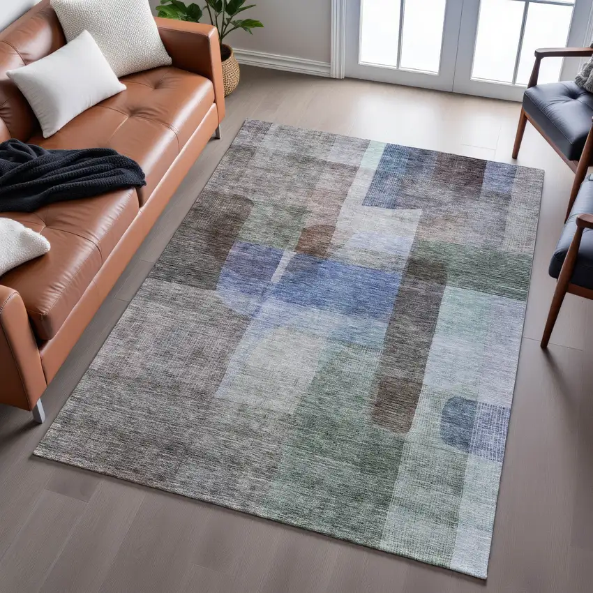 Brown Green And Blue Abstract Washable Area Rug With UV Protection Photo 5