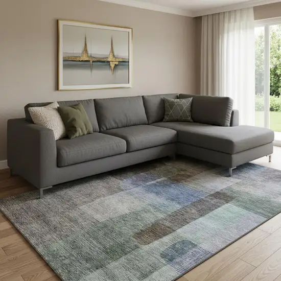 Brown Green And Blue Abstract Washable Area Rug With UV Protection Photo 2