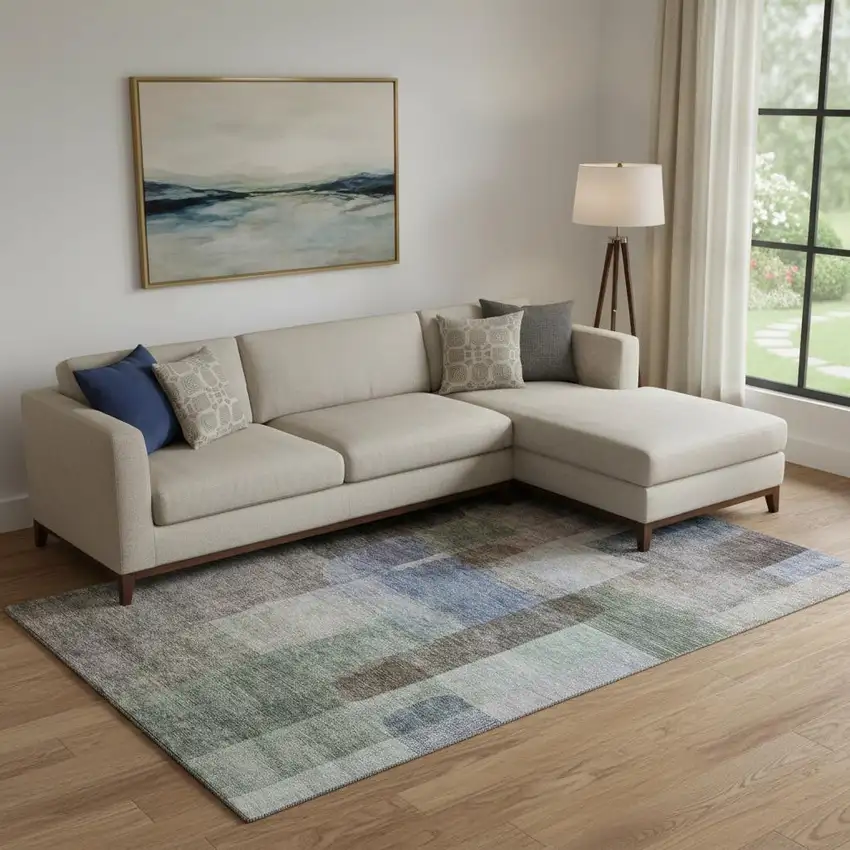 Brown Green And Blue Abstract Washable Area Rug With UV Protection Photo 2