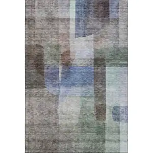 Photo of Brown Green And Blue Abstract Washable Area Rug With UV Protection