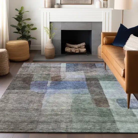 Brown Green And Blue Abstract Washable Indoor Outdoor Area Rug Photo 7