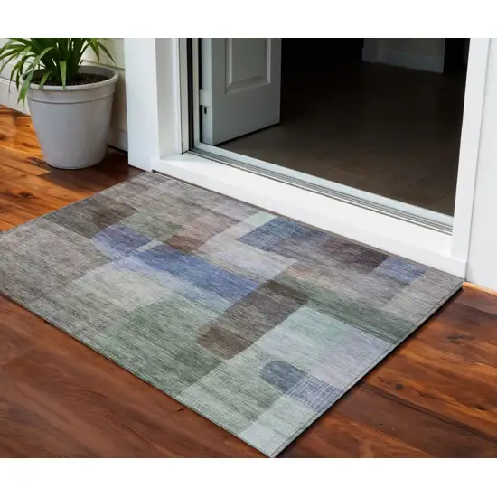Brown Green And Blue Abstract Washable Indoor Outdoor Area Rug Photo 1