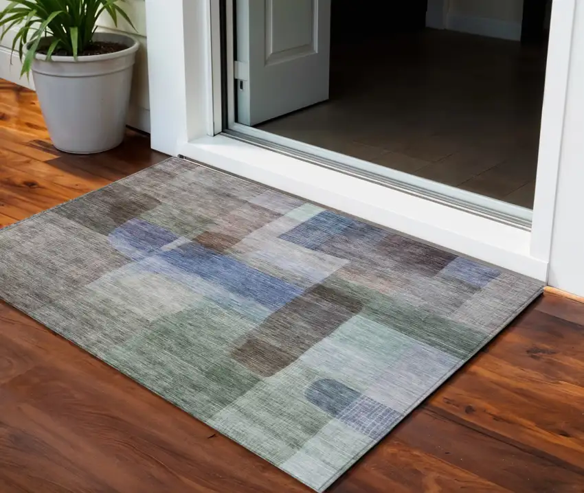 Brown Green And Blue Abstract Washable Indoor Outdoor Area Rug Photo 1