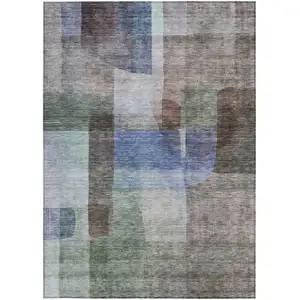 Photo of Brown Green And Blue Abstract Washable Indoor Outdoor Area Rug