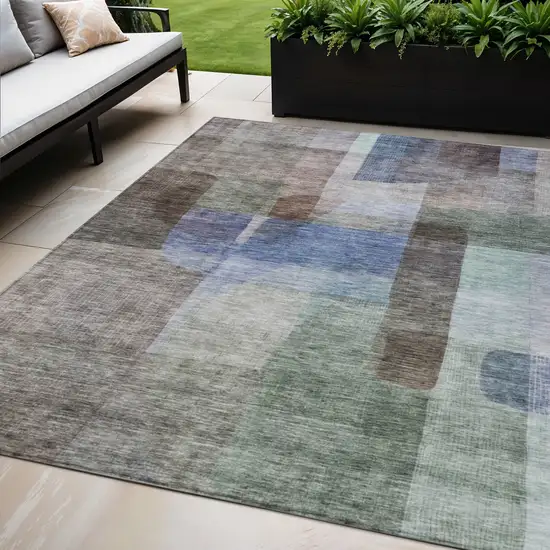 Brown Green And Blue Abstract Washable Indoor Outdoor Area Rug Photo 1