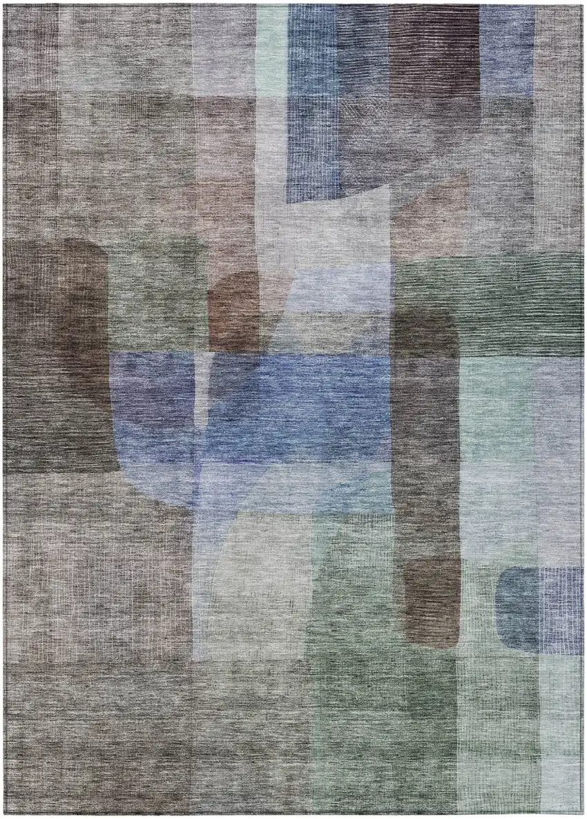 Brown Green And Blue Abstract Washable Indoor Outdoor Area Rug Photo 2
