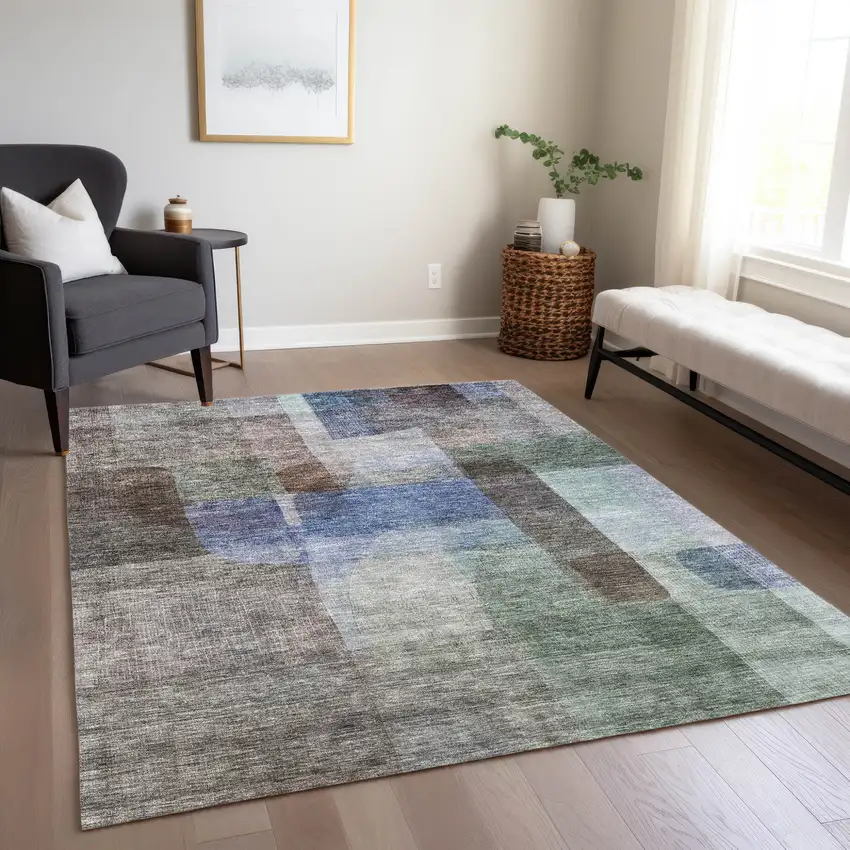 Brown Green And Blue Abstract Washable Indoor Outdoor Area Rug Photo 9
