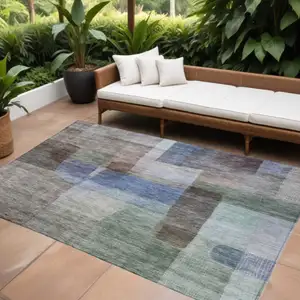 Photo of Brown Green And Blue Abstract Washable Indoor Outdoor Area Rug