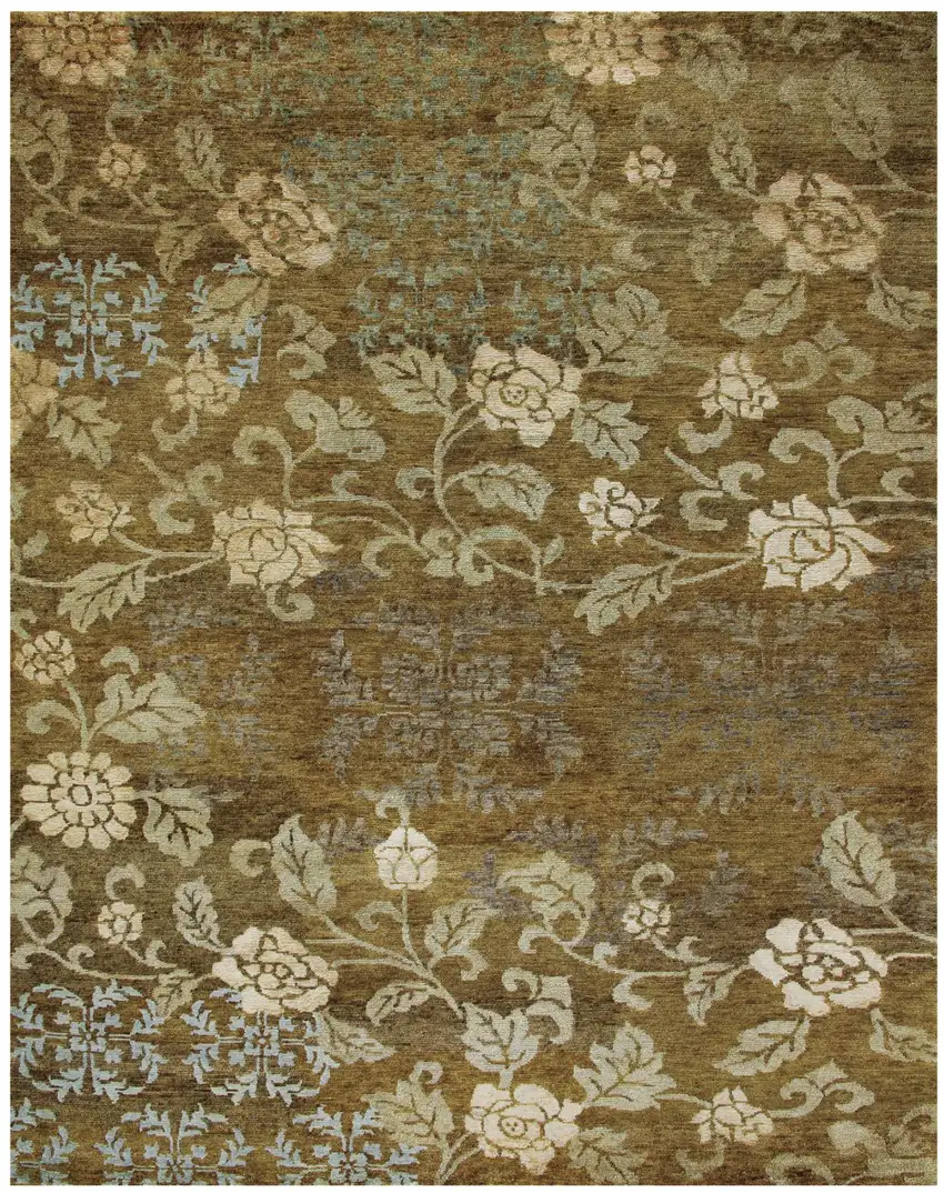 Brown Green And Blue Floral Hand Knotted Area Rug Photo 2