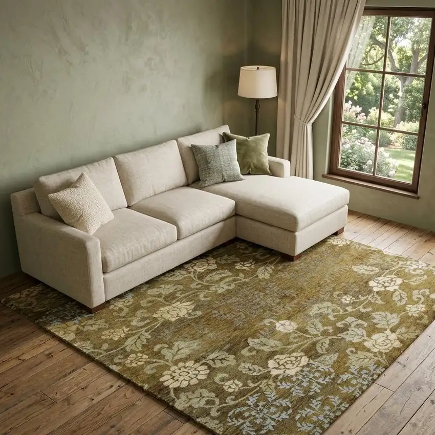 Brown Green And Blue Floral Hand Knotted Area Rug Photo 1