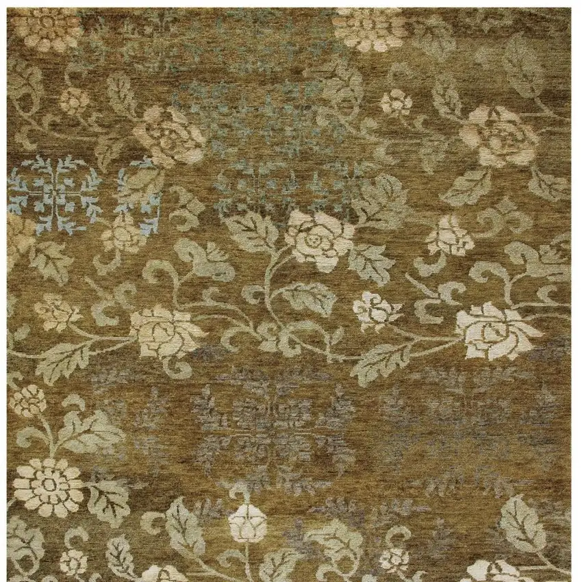 Brown Green And Blue Floral Hand Knotted Area Rug Photo 4