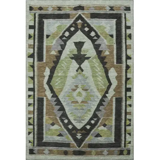 Brown Green And Charcoal Tribal Washable Area Rug With UV Protection Photo 4