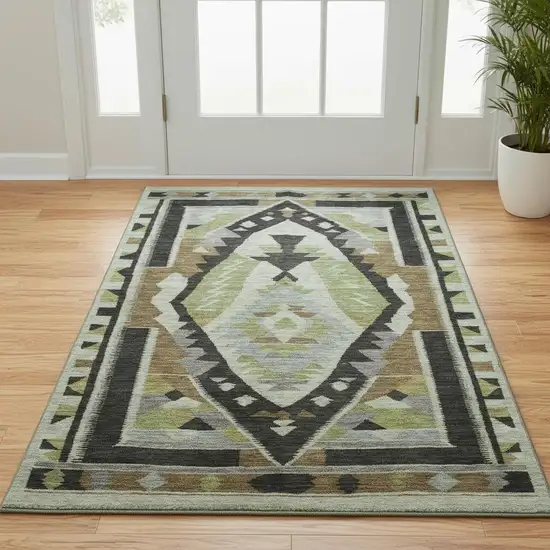 Brown Green And Charcoal Tribal Washable Area Rug With UV Protection Photo 2