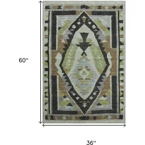 Brown Green And Charcoal Tribal Washable Area Rug With UV Protection Photo 9