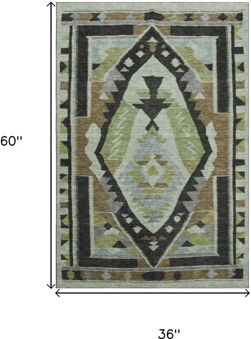 Brown Green And Charcoal Tribal Washable Area Rug With UV Protection Photo 9