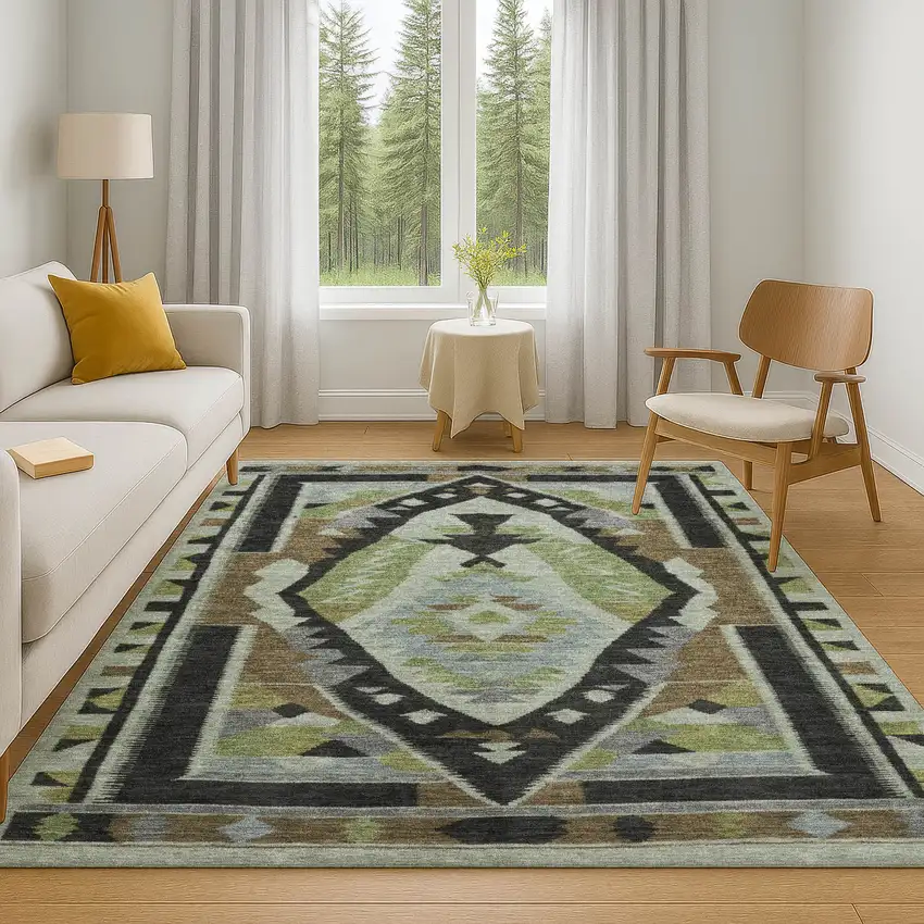 Brown Green And Charcoal Tribal Washable Area Rug With UV Protection Photo 5