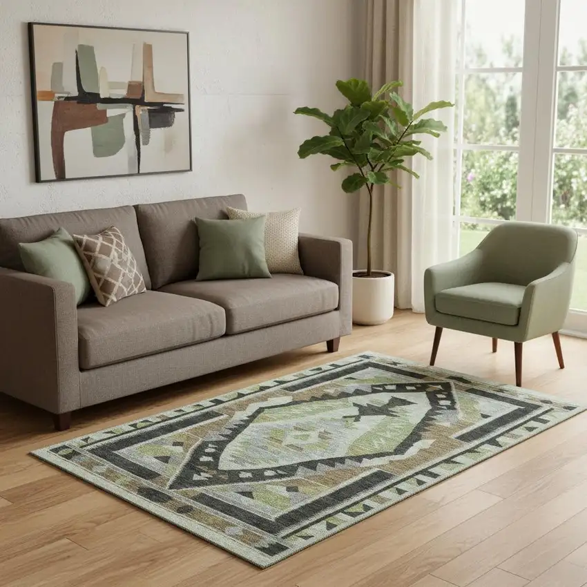 Brown Green And Charcoal Tribal Washable Area Rug With UV Protection Photo 2