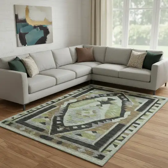 Brown Green And Charcoal Tribal Washable Area Rug With UV Protection Photo 2