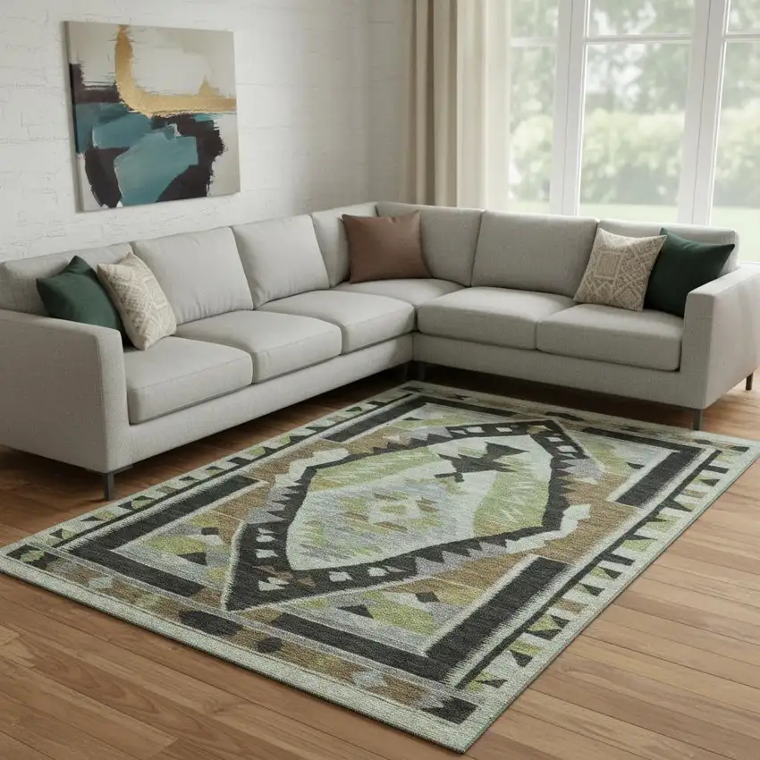 Brown Green And Charcoal Tribal Washable Area Rug With UV Protection Photo 2