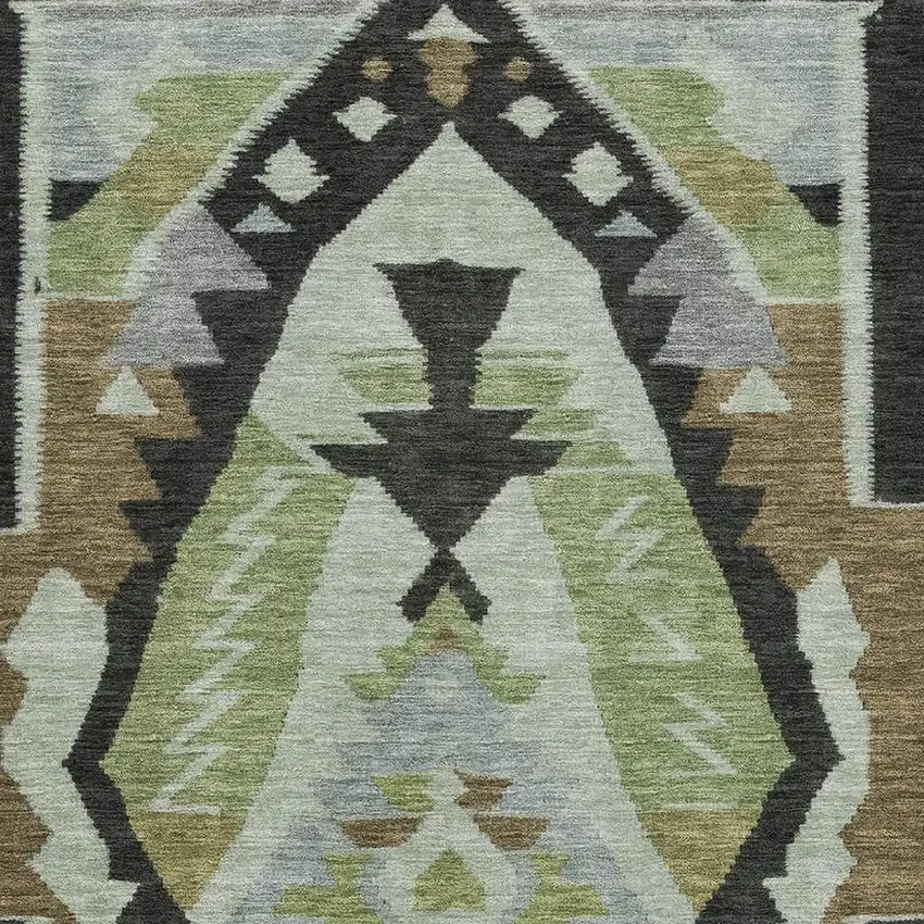 Brown Green And Charcoal Tribal Washable Area Rug With UV Protection Photo 3