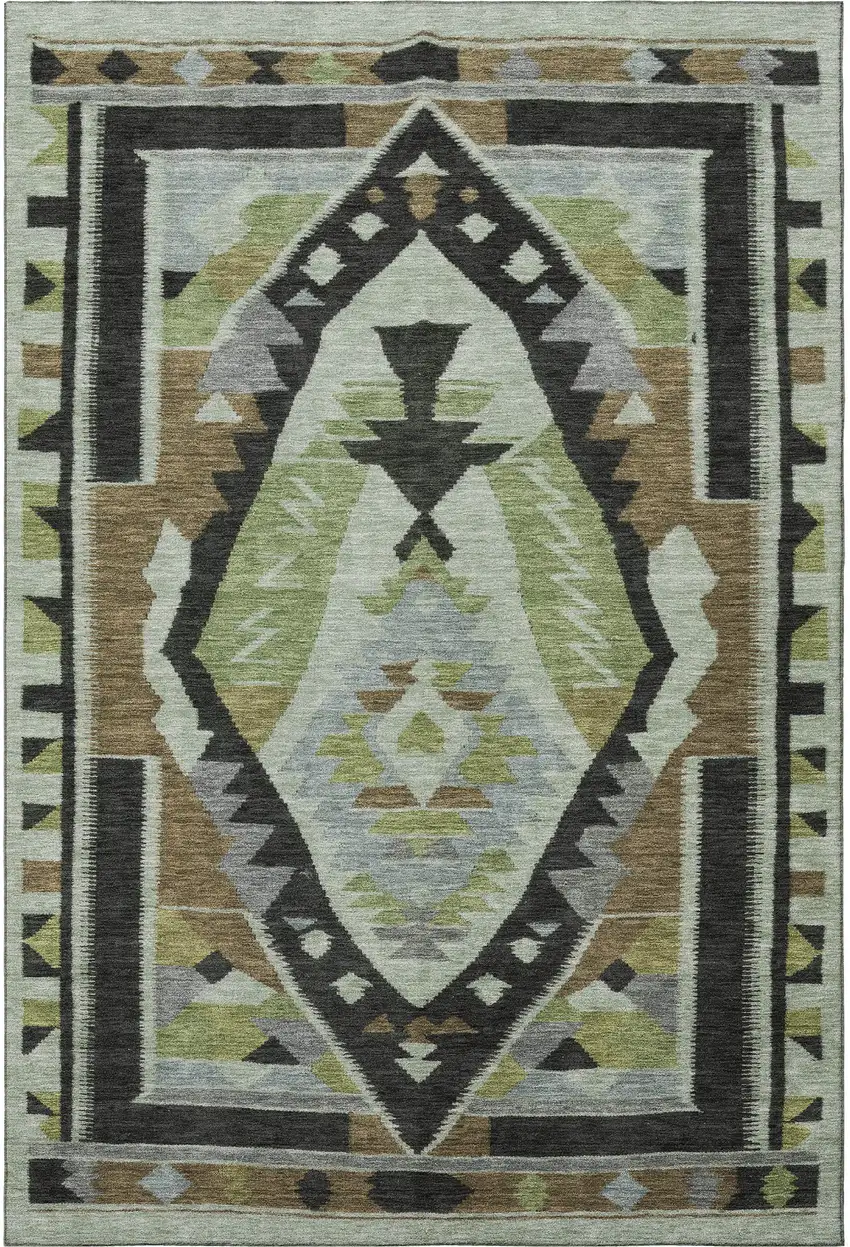 Brown Green And Charcoal Tribal Washable Area Rug With UV Protection Photo 4