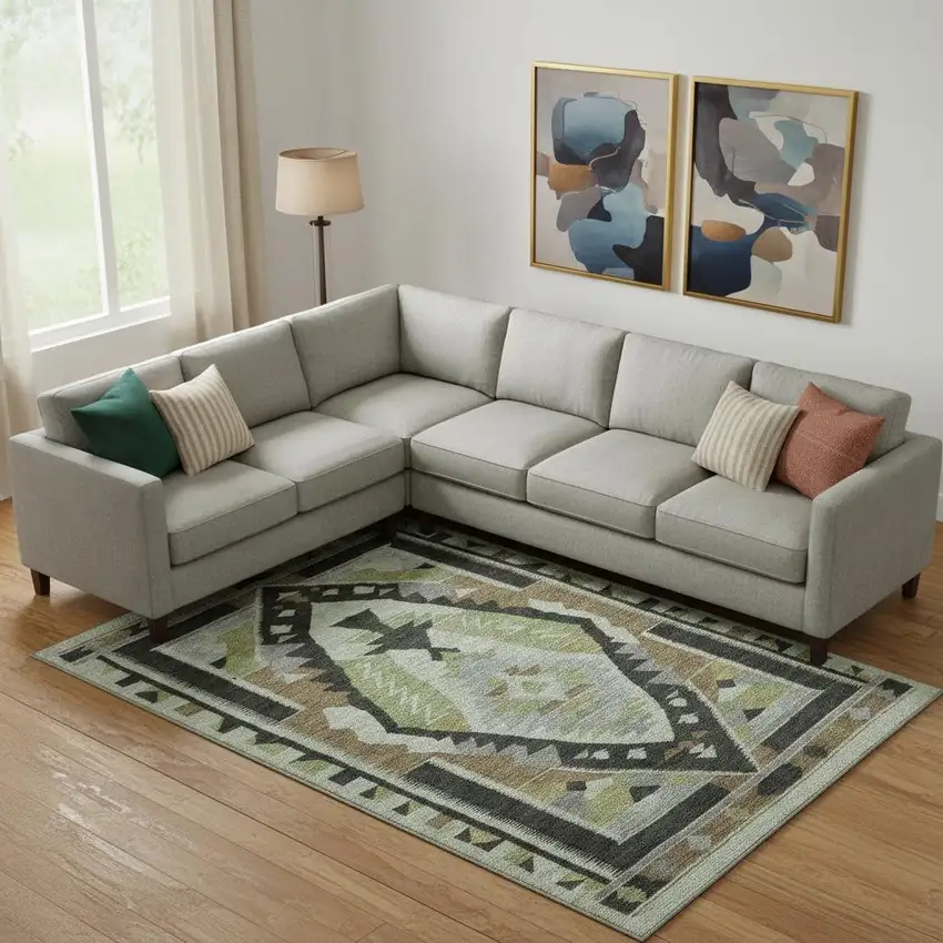 Brown Green And Charcoal Tribal Washable Area Rug With UV Protection Photo 2