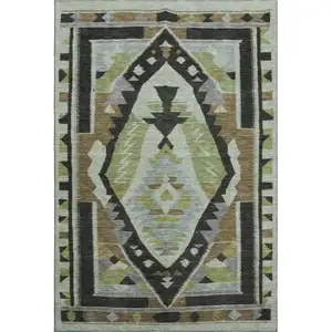 Photo of Brown Green And Charcoal Tribal Washable Area Rug With UV Protection