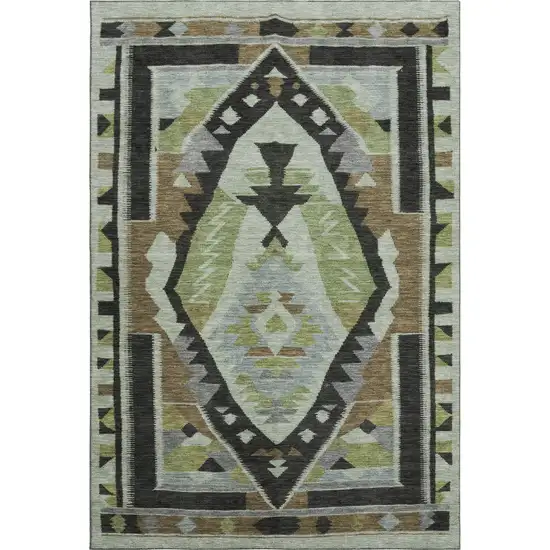 Brown Green And Charcoal Tribal Washable Area Rug With UV Protection Photo 1