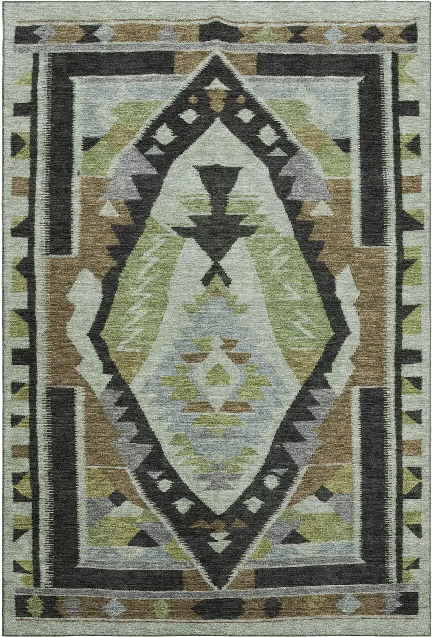Brown Green And Charcoal Tribal Washable Area Rug With UV Protection Photo 1