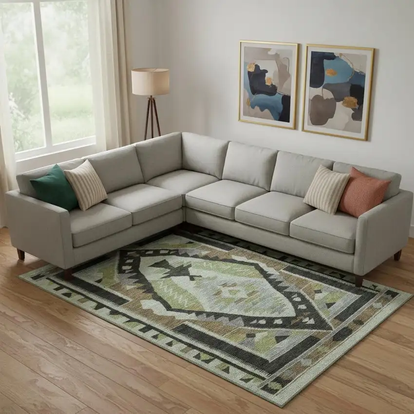 Brown Green And Charcoal Tribal Washable Area Rug With UV Protection Photo 2