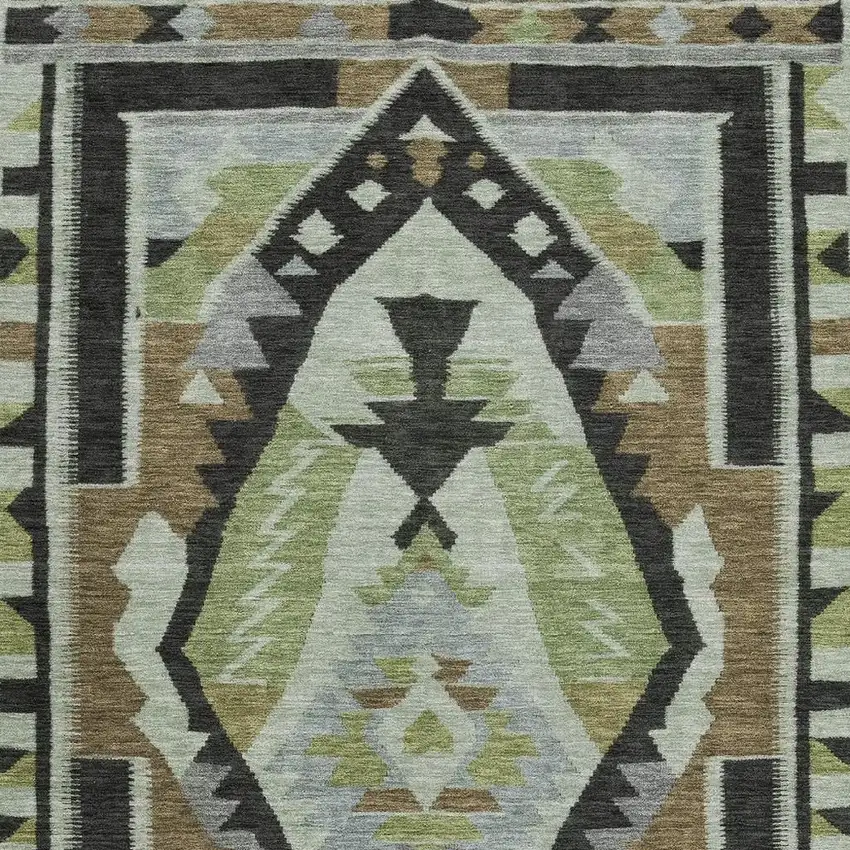 Brown Green And Charcoal Tribal Washable Area Rug With UV Protection Photo 4