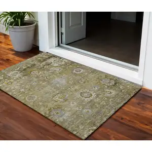 Photo of Brown Green And Gray Floral Washable Indoor Outdoor Area Rug