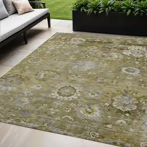 Photo of Brown Green And Gray Floral Washable Indoor Outdoor Area Rug