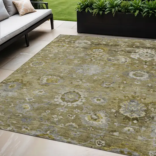 Brown Green And Gray Floral Washable Indoor Outdoor Area Rug Photo 1