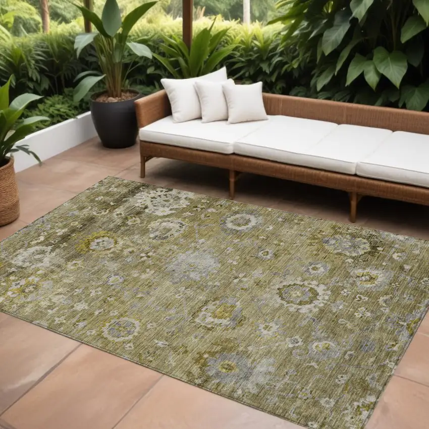 Brown Green And Gray Floral Washable Indoor Outdoor Area Rug Photo 1